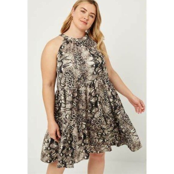 Hayden Los Angeles High Neck Animal Print Trapeze Tiered Midi Dress Breezy Flowy - Picture 2 of 4